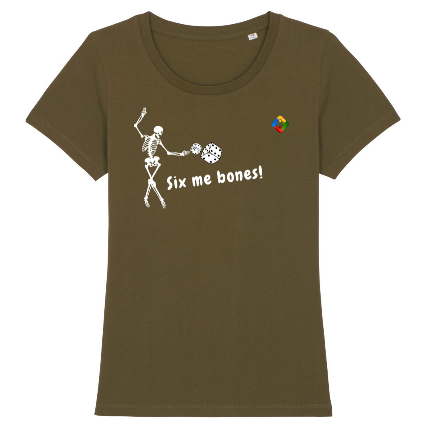 Women's organic T-shirt with printed 'six me' design. Available in 11 colours.