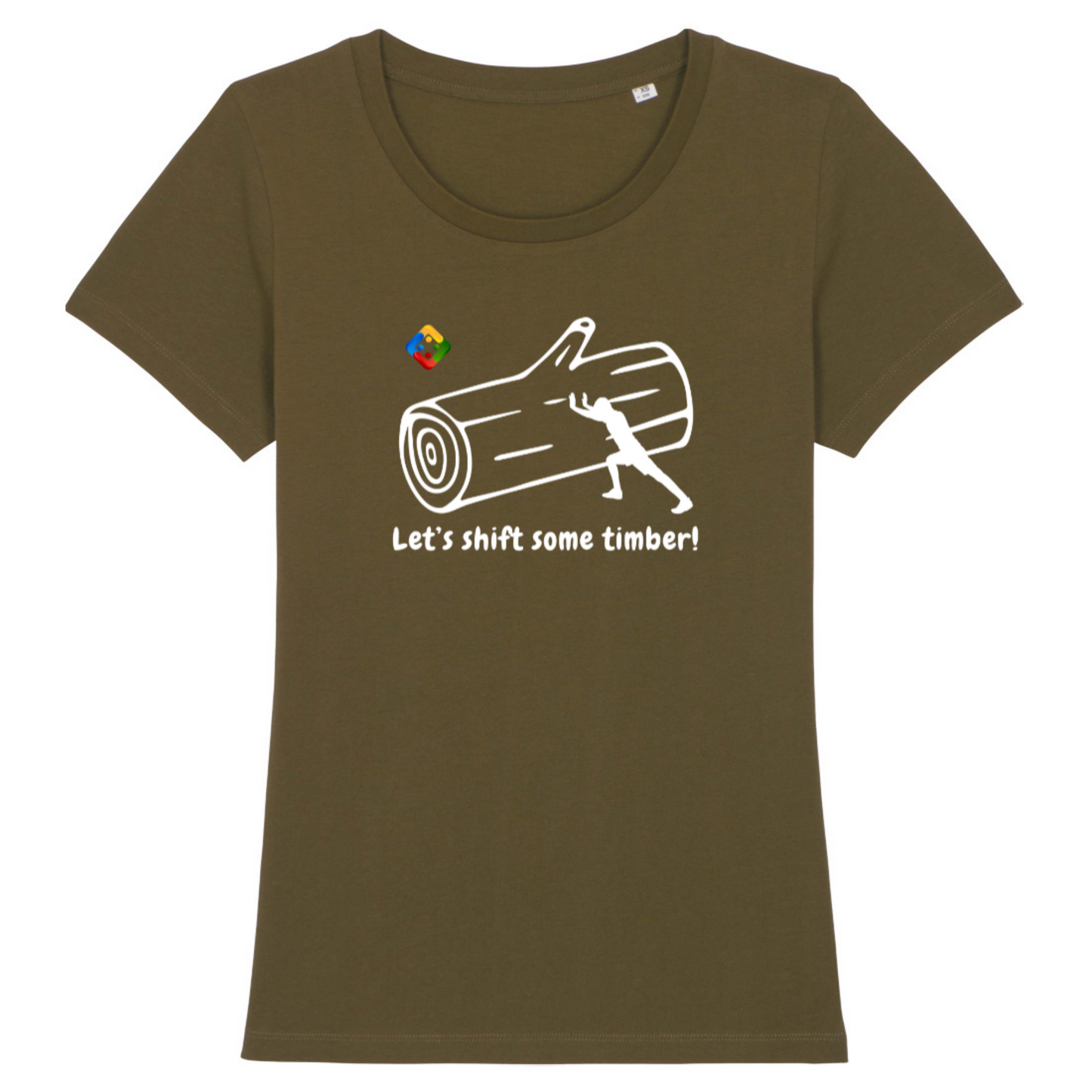 Women's organic T-shirt with printed 'Timber shifting' design. Available in 11 colours.