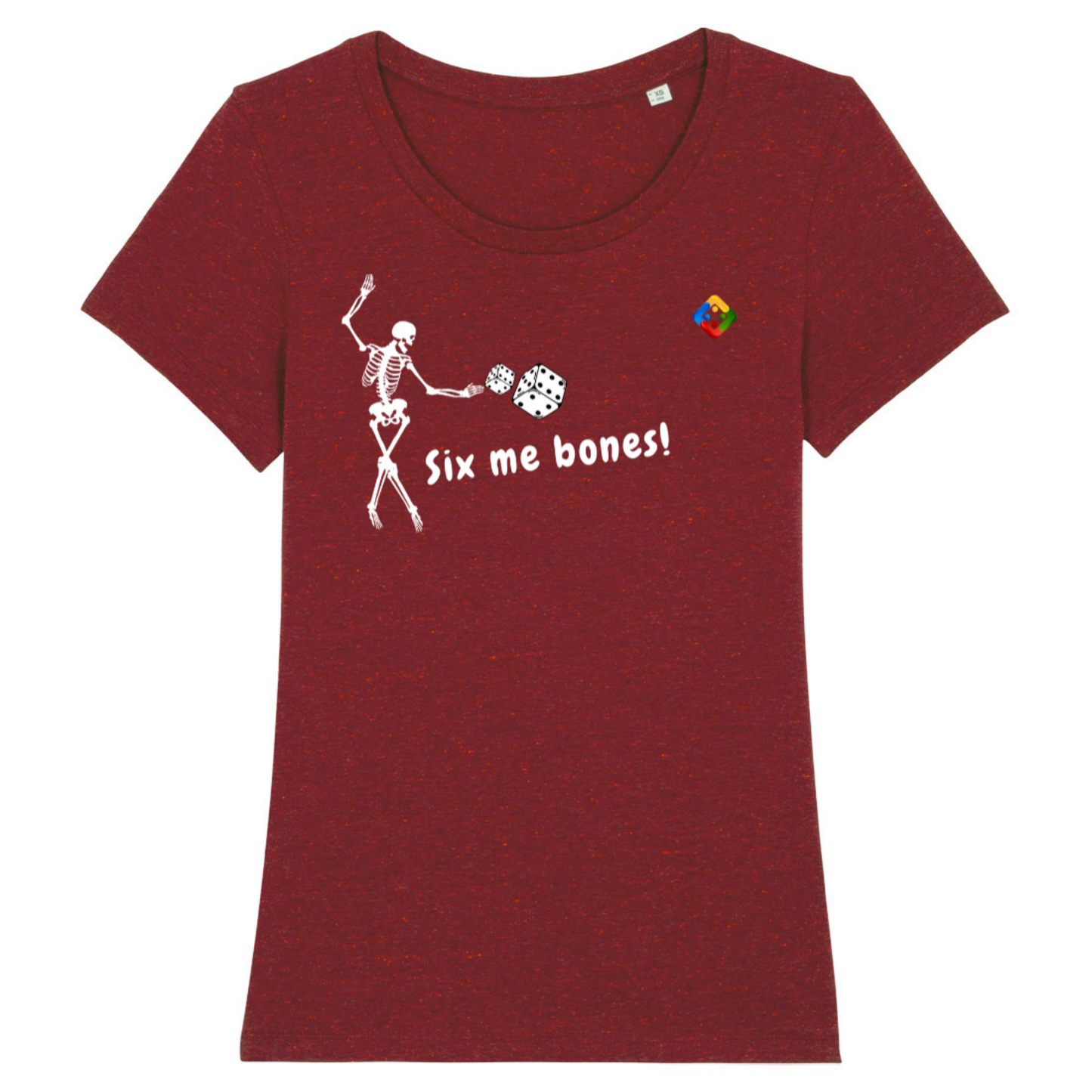 Women's organic T-shirt with printed 'six me' design. Available in 11 colours.