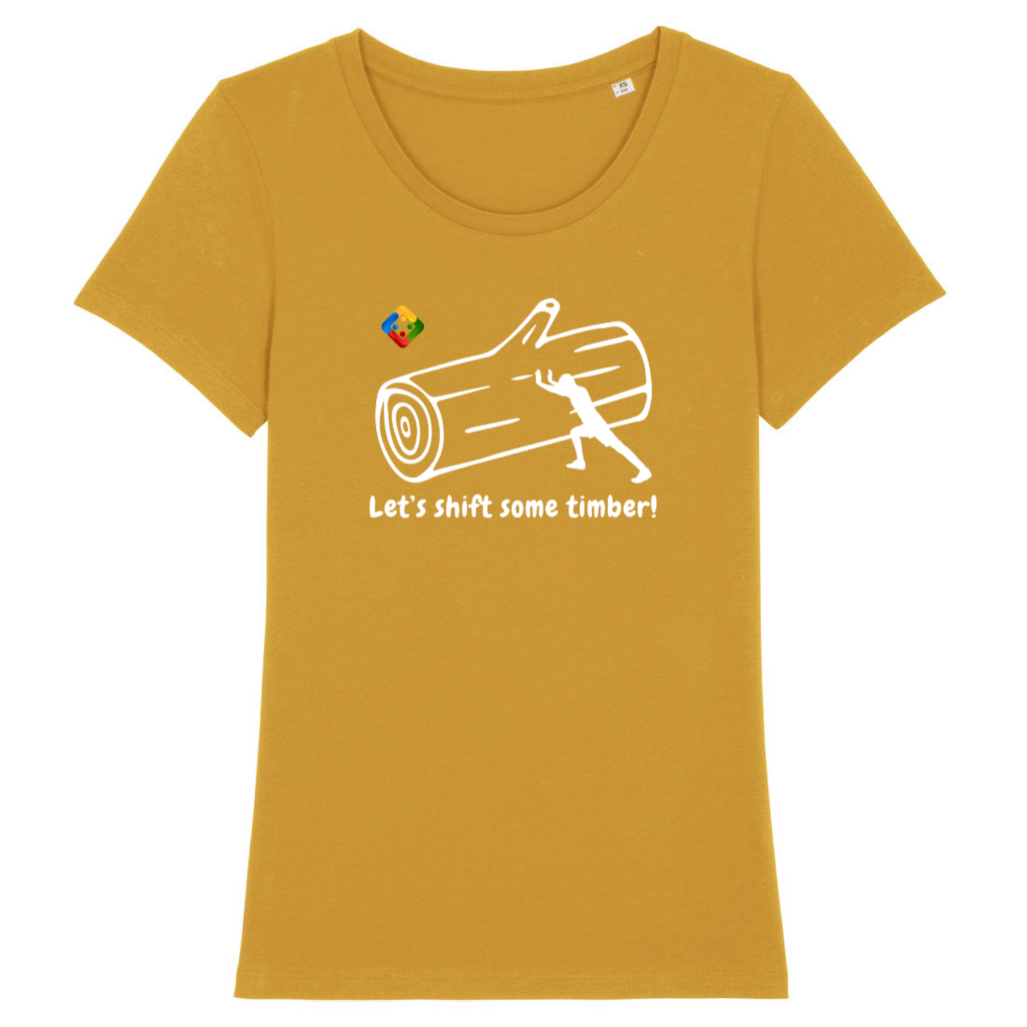 Women's organic T-shirt with printed 'Timber shifting' design. Available in 11 colours.