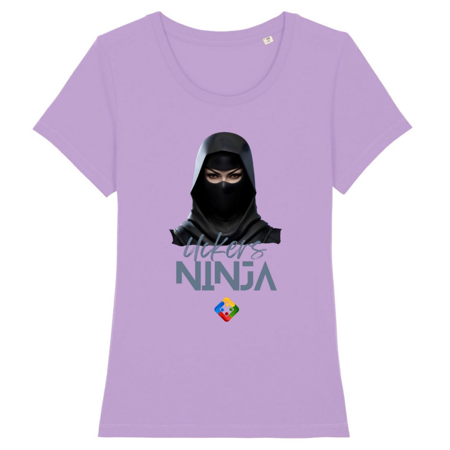 Women's organic T-shirt with printed 'Uckers Ninja' design. Available in 14 colours.
