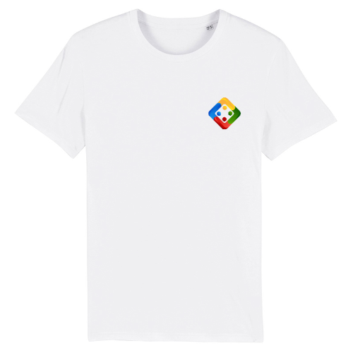 Men's white T-shirt with embroidered small Uckers emblem.
